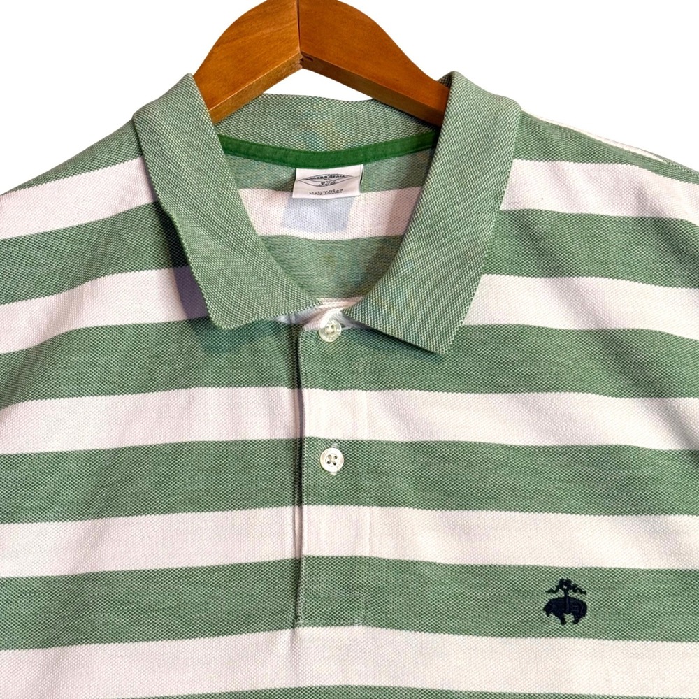 Brooks Brothers 346 Polo Shirt Mens XL Green White Striped Slim Fit Pique Cotton